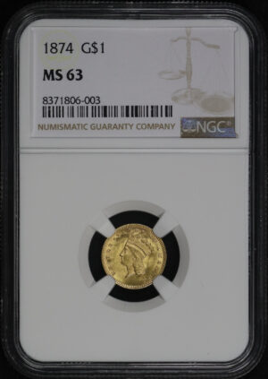 Obverse of this 1874 Gold Dollar Type 3 NGC MS-63
