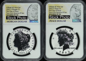Obverse of this 2023-S Two Coin Peace & Morgan Dollar Set NGC PF-70 Reverse Proof, First Day of Issue