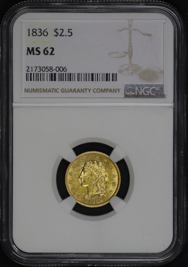 Obverse of this 1836 Classic Head $2.5 NGC MS-62