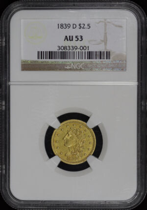 Obverse of this 1839-D Liberty Head $2.5 NGC AU-53
