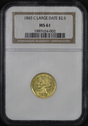 Obverse of this 1843-C Large Date Liberty Head $2.5 NGC MS-61