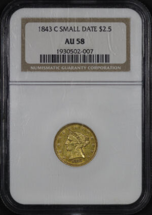 Obverse of this 1843-C Small Date Liberty Head $2.5 NGC AU-58