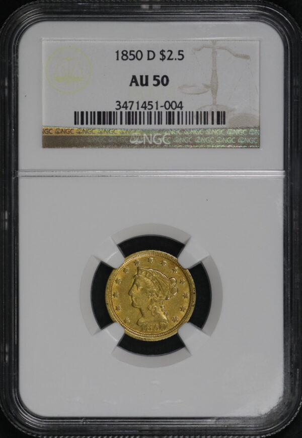 Obverse of this 1850-D Liberty Head $2.5 NGC AU-50