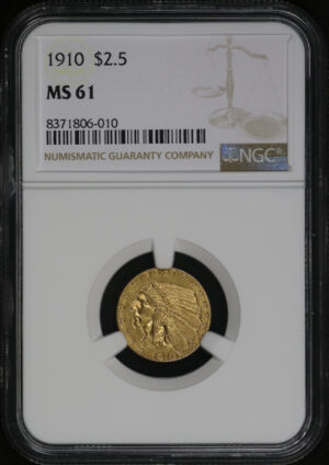 Obverse of this 1910 Indian $2.5 NGC MS-61