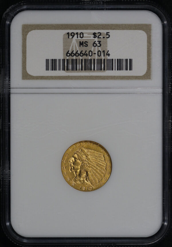 Obverse of this 1910 Indian $2.5 NGC MS-63