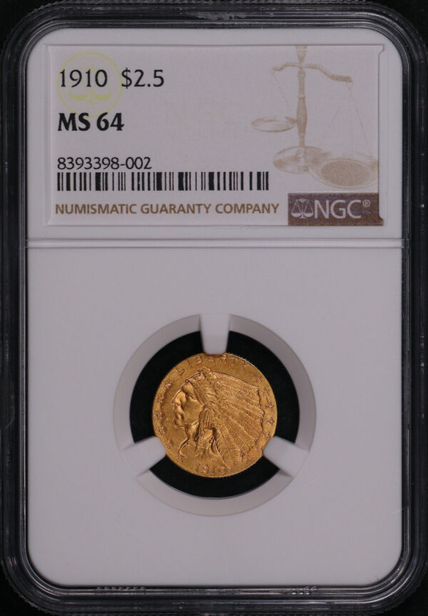 Obverse of this 1910 Indian $2.5 NGC MS-64