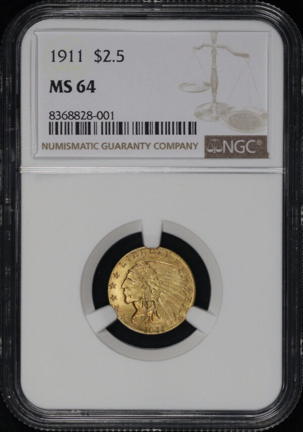 Obverse of this 1911 Indian $2.5 NGC MS-64