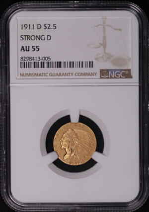 Obverse of this 1911-D Strong D Indian $2.5 NGC AU-55
