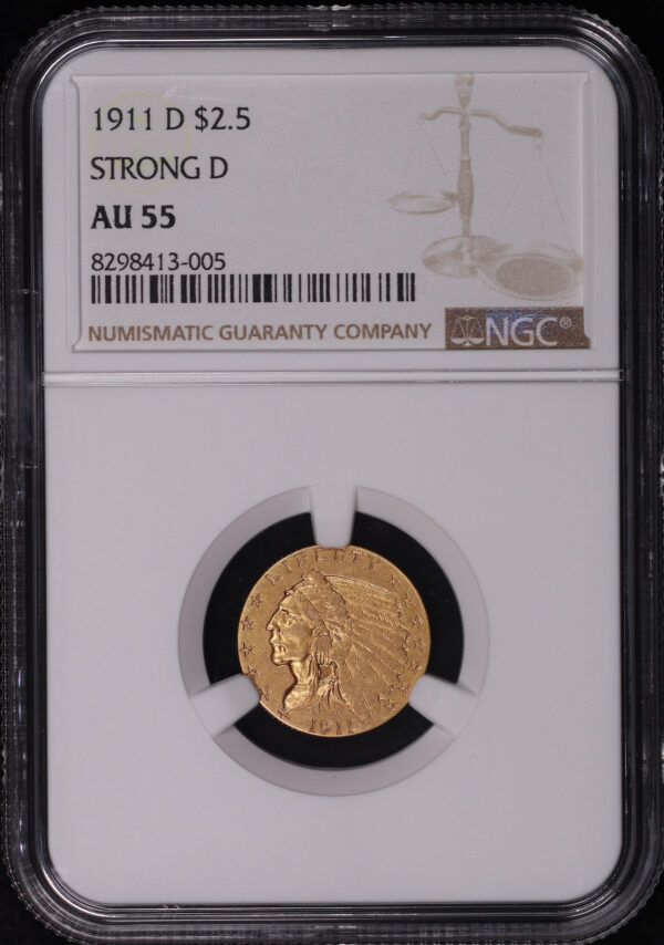 Obverse of this 1911-D Strong D Indian $2.5 NGC AU-55