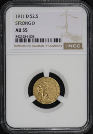 Obverse of this 1911-D Indian $2.5 Strong D NGC AU-55