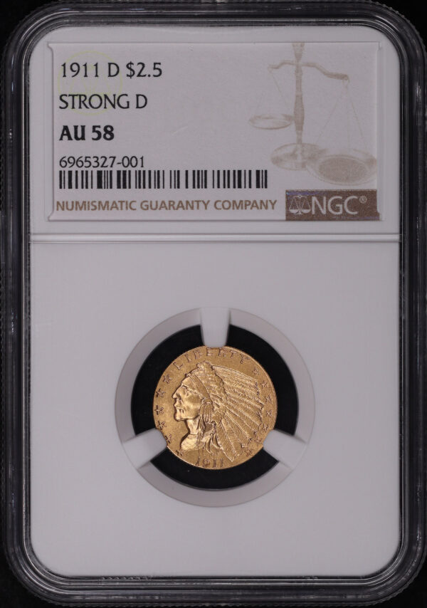 Obverse of this 1911-D Strong D Indian $2.5 NGC AU-58