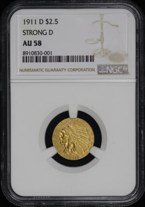 Obverse of this 1911-D Indian $2.5 Strong D NGC AU-58
