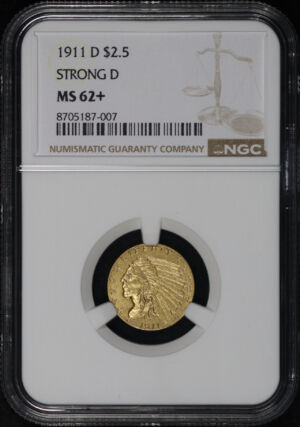 Obverse of this 1911-D Indian $2.5 Strong D NGC MS-62+
