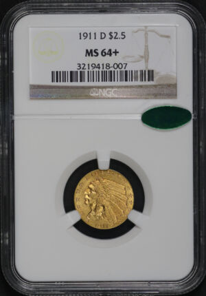 Obverse of this 1911-D Indian Strong D $2.5 NGC MS-64+ CAC