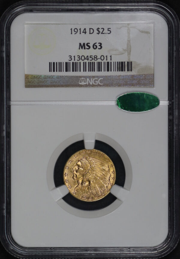Obverse of this 1914-D Indian $2.5 NGC MS-63 CAC