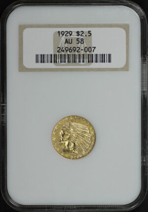 Obverse of this 1929 Indian $2.5 NGC AU-58 Old Fatty Holder