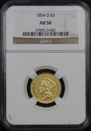 Obverse of this 1854-O Three Dollar NGC AU-50