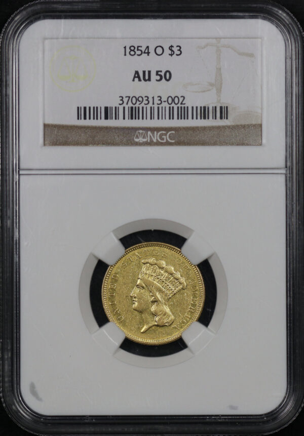 Obverse of this 1854-O Three Dollar NGC AU-50