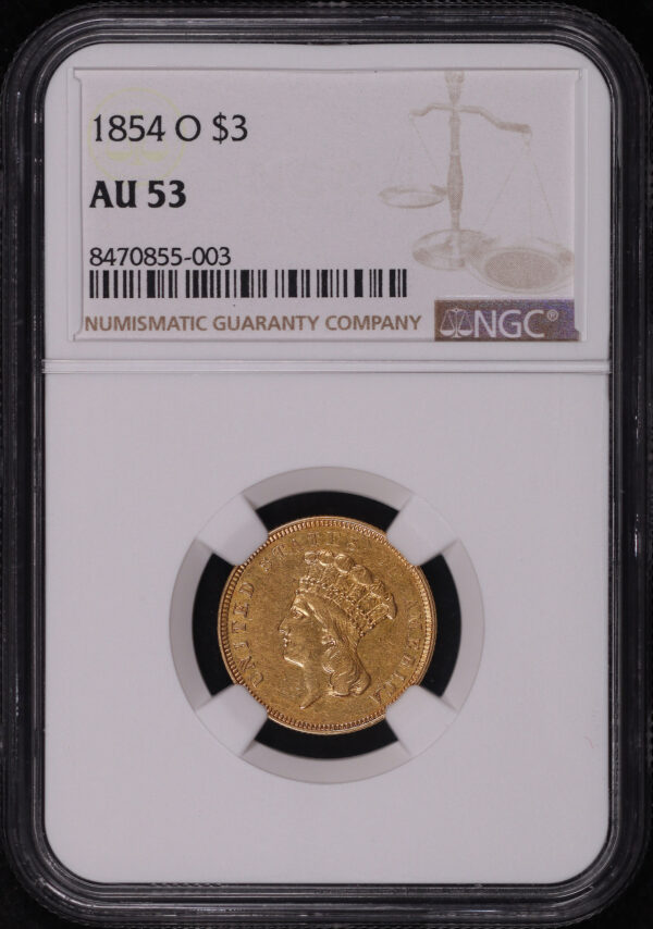 Obverse of this 1854-O Three Dollar NGC AU-53