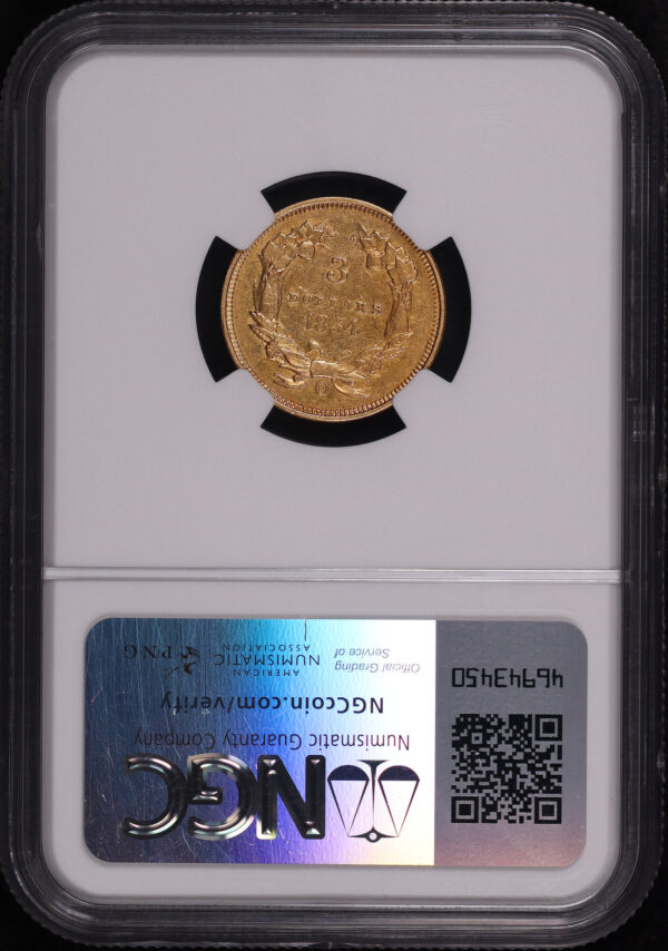 Reverse of this 1854-O Three Dollar NGC AU-53