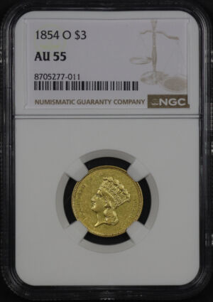 Obverse of this 1854-O Three Dollar NGC AU-55