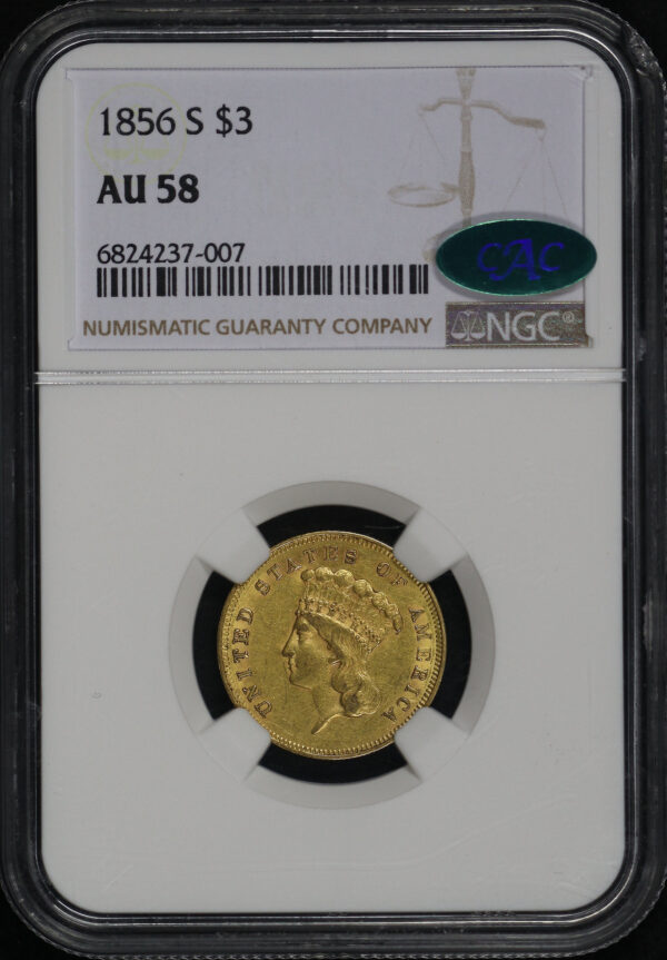 Obverse of this 1856-S Three Dollar NGC AU-58 CAC