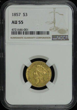 Obverse of this 1857 Three Dollar NGC AU-55