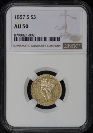 Obverse of this 1857-S Three Dollar NGC AU-50