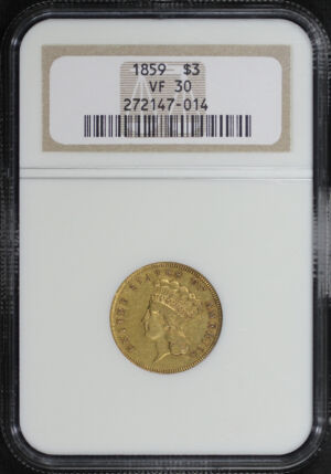 Obverse of this 1859 Three Dollar NGC VF-30