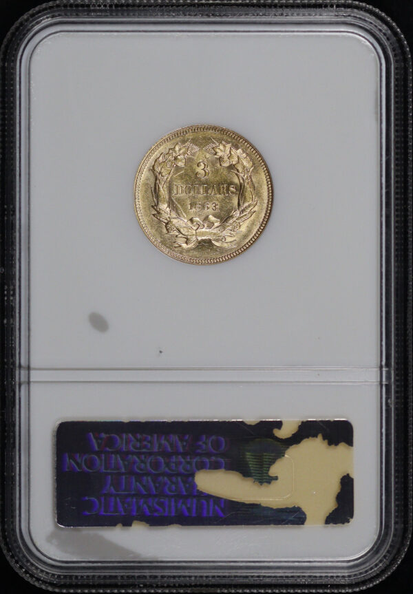 Reverse of this 1863 Three Dollar NGC AU-58