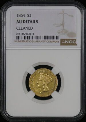 Obverse of this 1864 Three Dollar NGC AU Details Cleaned