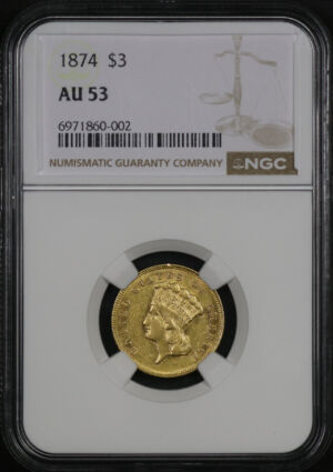 Obverse of this 1874 Three Dollar NGC AU-53