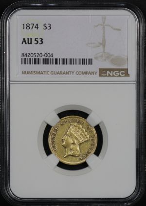 Obverse of this 1874 Three Dollar NGC AU-53