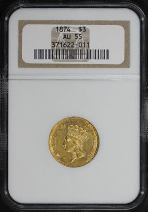 Obverse of this 1874 Three Dollar NGC AU-55