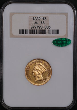 Obverse of this 1882 Three Dollar NGC AU-58 CAC Old Fatty Holder