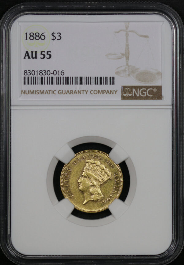 Obverse of this 1886 Three Dollar NGC AU-55