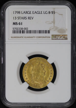 Obverse of this 1798 Large Eagle, Large 8, 13 Star Reverse Draped Bust $5 NGC MS-61