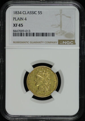Obverse of this 1834 Classic Head $5 Classic Head, Plain 4 NGC XF-45
