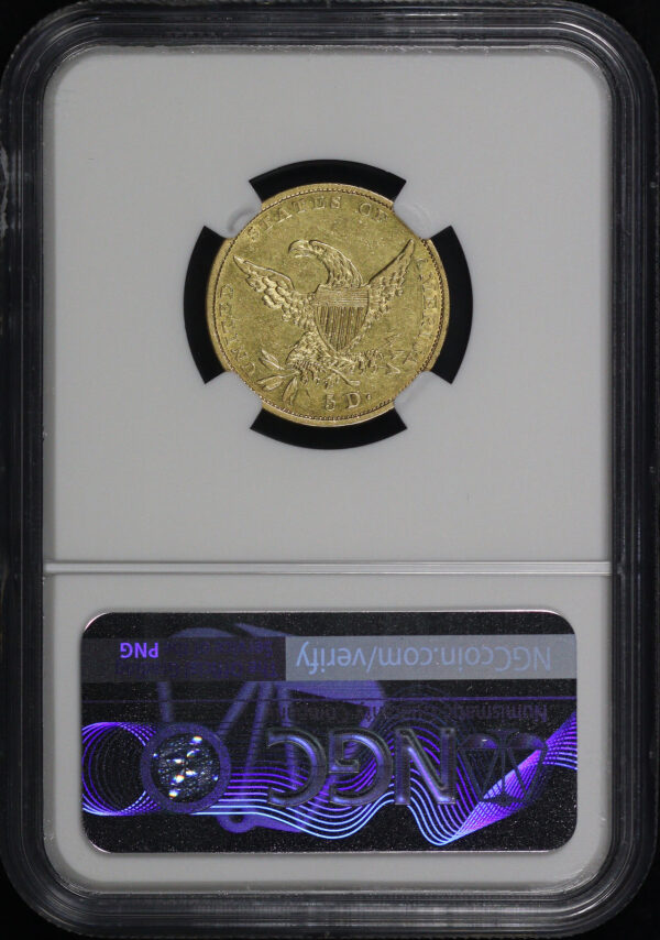 Reverse of this 1834 Classic Head $5 Script 8, Crosslet 4 HM-9 NGC AU-53