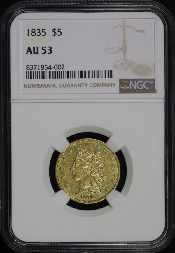 Obverse of this 1835 Classic Head $5 NGC AU-53