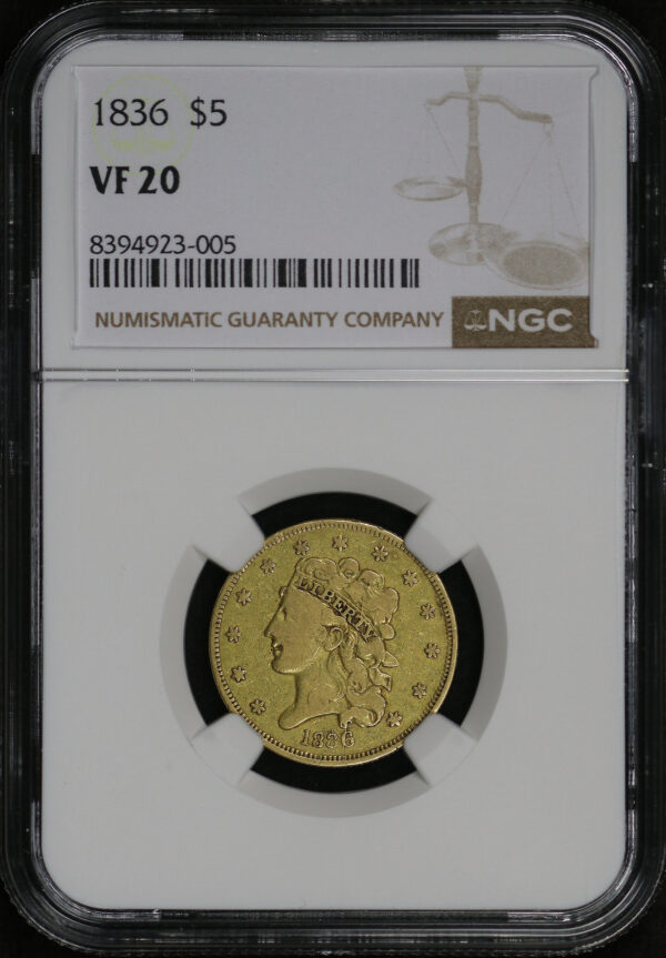 Obverse of this 1836 Classic Head $5 NGC VF-20