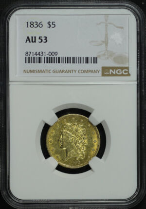 Obverse of this 1836 Classic Head $5 NGC AU-53