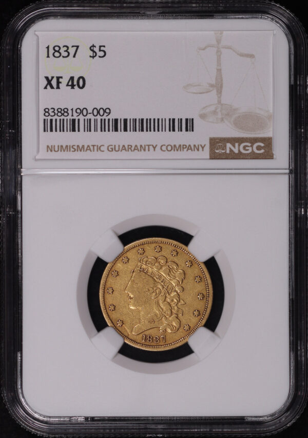 Obverse of this 1837 Classic Head $5 NGC XF-40