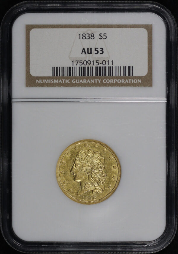 Obverse of this 1838 Classic Head $5 NGC AU-53