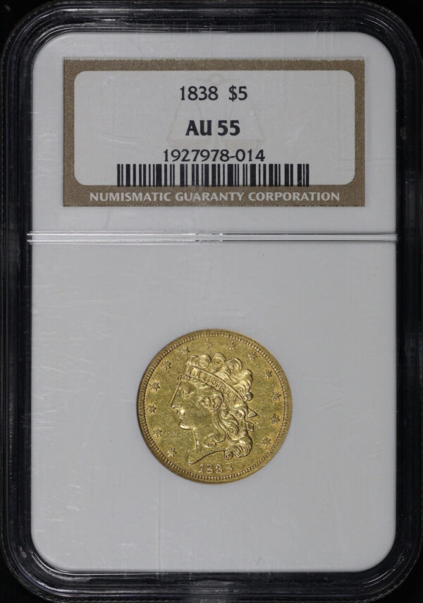 Obverse of this 1838 Classic Head $5 NGC AU-55