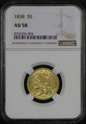 Obverse of this 1838 Classic Head $5 NGC AU-58