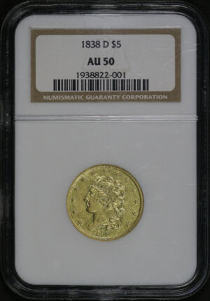 Obverse of this 1838-D Classic Head $5 NGC AU-50
