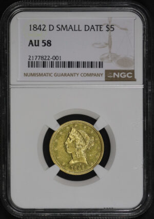 Obverse of this 1842-D Liberty Head $5 Small Date NGC AU-58