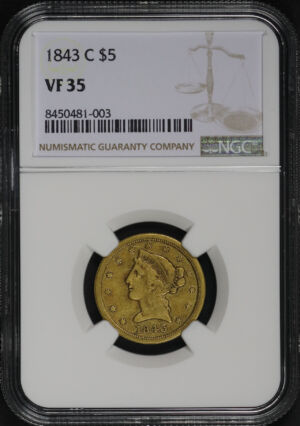 Obverse of this 1843-C Liberty Head $5 NGC VF-35