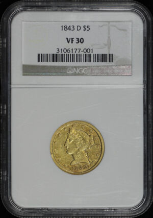 Obverse of this 1843-D Liberty Head $5 Small D NGC VF-30
